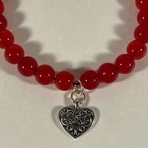 Ornate Silver Heart Red Glass Bead Bracelet NWT